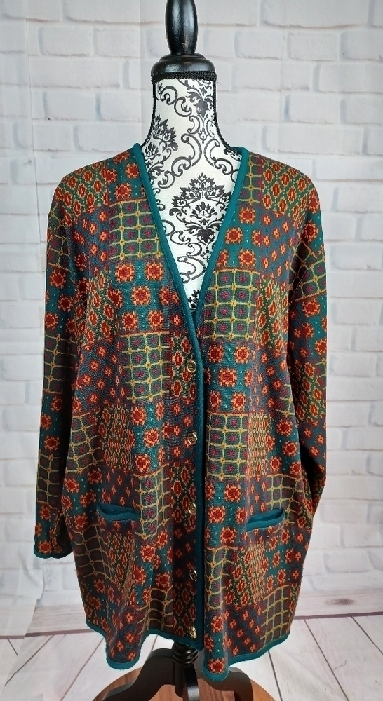 C. D. Daniels women's long sleeve geo print button front cardigan pockets 2x b30